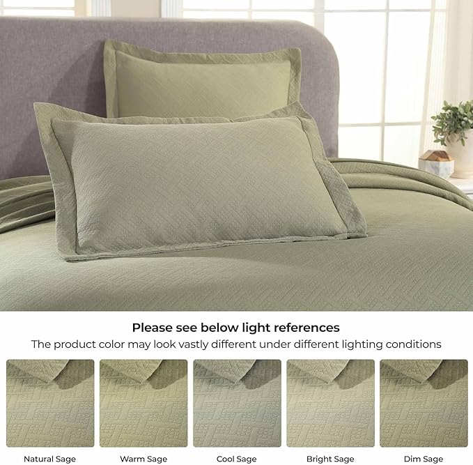 Superior 2 Piece Basketweave Cotton Bedspread Set, Home Bed Decor, Decorative Bed Spread, 1 Pillow Sham, Medium Weight Blanket, Matelasse Coverlet Bedding, Geometric Lattice Pattern, Twin, Sage