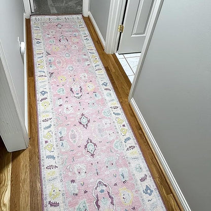 Fame Rugs Pink Modern Oushak Rug 2'6"x7', Washable Vintage Turkish Colorful Oriental Antique Inspired Foldable Small Runner Rugs, Luxury Living Room Bedroom (385PB, 2'6" x 7')