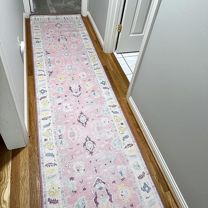Fame Rugs Pink Modern Oushak Rug 2'6"x10, Vintage Turkish Colorful Oriental Antique Inspired Foldable Long Washable Runner Rugs, Luxury Living Room Bedroom (385PB, 2'6" x 10')