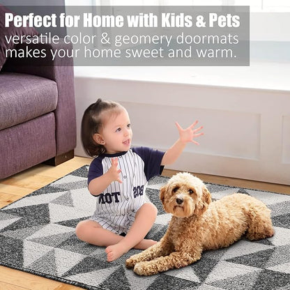 Indoor Doormat 32"x 48", Absorbent Front Back Door Mat Floor Mats, Rubber Backing Non Slip Door Mats Inside Mud Dirt Trapper Entrance Front Door Rug Carpet, Machine Washable Low Profile-Black Geome