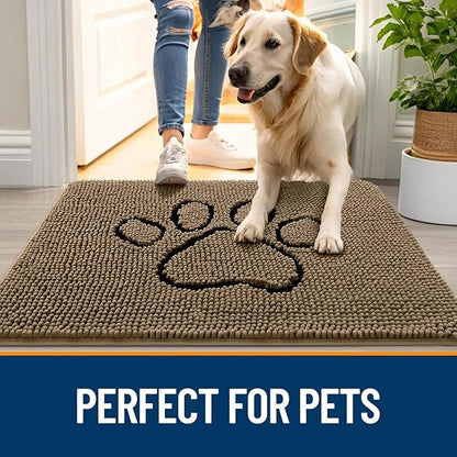 OLANLY Dog Door Mat for Muddy Paws 59x24, Paw Print Design, Absorbs Moisture and Dirt, Absorbent Non-Slip Washable Doormat, Quick Dry Chenille Mud Mat for Dogs, Entry Indoor Entryway Carpet, Tan