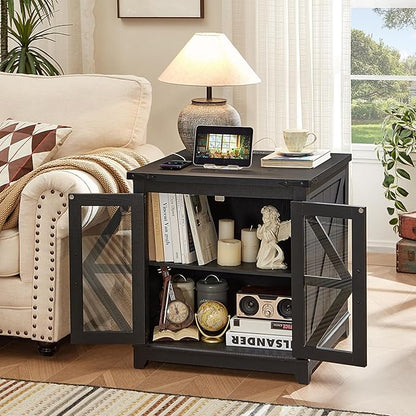Farmhouse End Table Set 2, Narrow 18'' Night Stand with Glass Barn Door, 24" Square Side Table with Charger Station, Living Room Furniture Sets, Wood Nightstand Bedside Tables for Bedroom