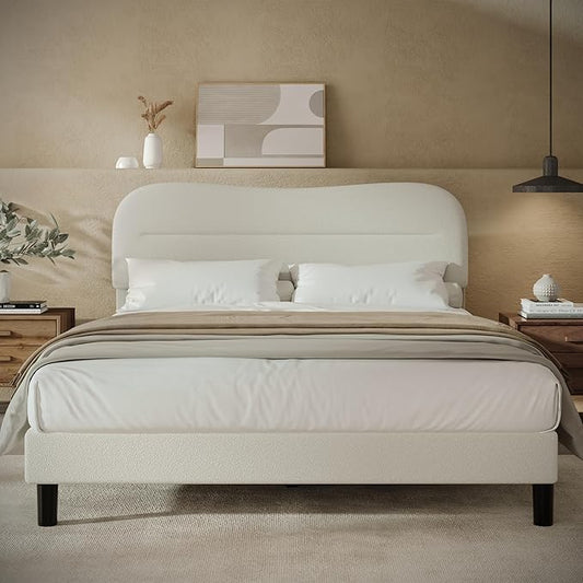 Queen Size Bed Frame with Headboard, upholstered Bed Frame Queen Size, Teddy Soft Boucle Fabric, Soft Cloud Marshmallow Shape Headboard, No Box Spring Needed, Noise Free (White)
