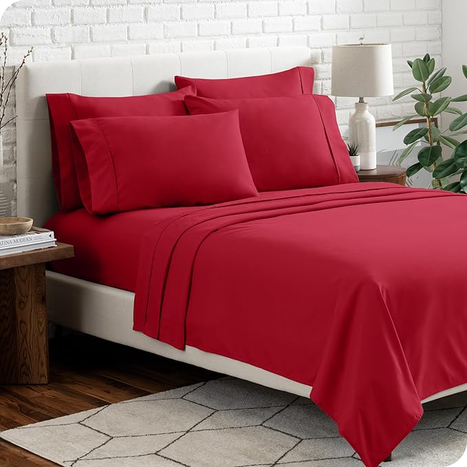 Bare Home Hotel Luxury Split King Sheet Set, Extra Soft - 7 Piece Set - Deep Pockets - Easy Fit - Cooling & Breathable - Wrinkle, Fade, Stain Resistant - Includes 4 Pillowcases (Split King, Red)