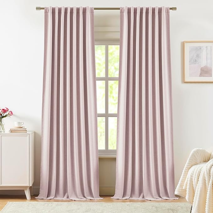 Vision Home Soft Pink Linen Full Blackout Curtains 90 inch Long for Bedroom Living Room Darkening Soundproof Window Panels Thermal Insulated Rod Pocket Back Tab Neutral Drapes 56" Wx90 Lx2