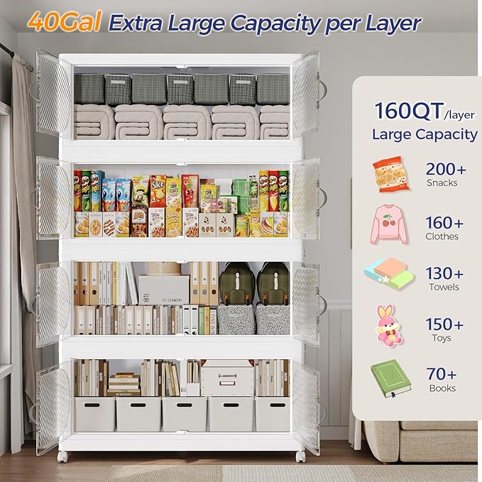 640QT Plastic Stackable Storage Bins with Lid, 160GAL Extra Large Collapsible Box with Wheels Clear Door, Foldable Closet Organizer Container Cabinet Drawer for Home Kitchen，4Pack, White