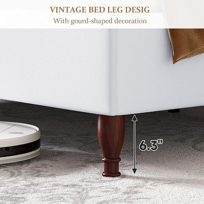 koorlian King Size Bed Frame with 51" Tall Headboard, Fully Upholstered Platform Bed Frame with with Soft Fabric, Sleigh Wingback, Solid Wood Retro Legs, Modern Minimalist Style, Easy Assembly, White