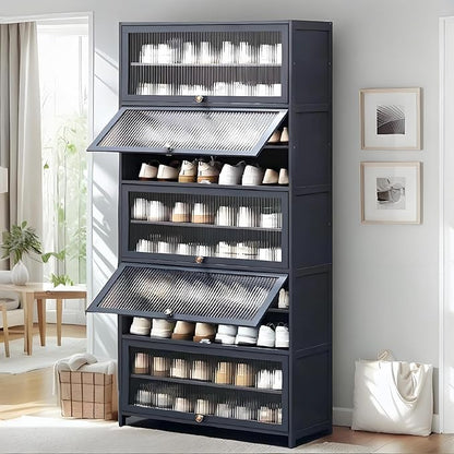 Tall Shoe Cabinet with Clear Doors, Large Capacity Bamboo Shoe Cabinet, 40-45 Pairs Shoe Rack Organizer for Closet Entrance, Hallway, Living Room, Bedroom