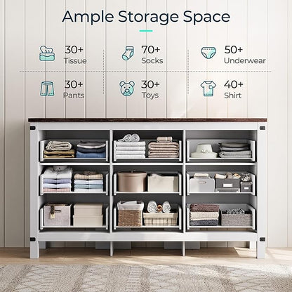 LINSY HOME Dresser for Bedroom with 9 Drawers, 59” Wide Chest with Deep Drawer, Modern Farmhouse Dresser TV Stand with Metal Handles, Wood Storage Cabinet for Closet, Living Room, Hallway, Off White