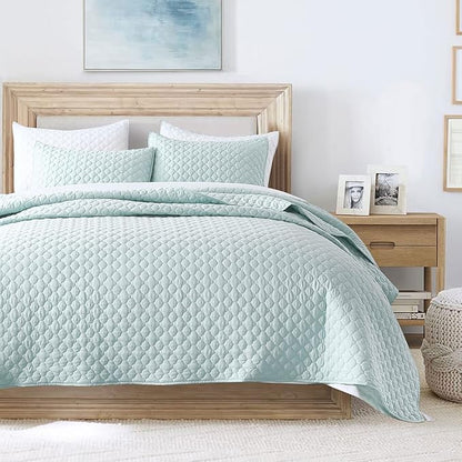HORIMOTE HOME Quilt Twin Size Aqua Blue, Lightweight Quilt for Summer Ultra-Soft Microfiber Modern Style Quilted Clouds Pattern Bedspread Quit Set 2 Pieces (1 Quilt and 1 Pillow Sham)