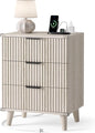 Lulive Wood 3 Drawers Fluted Night Stand with Charging Station, Storage Nightstand Modern End Table, Bedside Table for Bedroom, Living Room White Oak