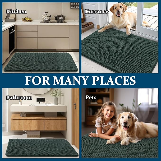 OLANLY Dog Door Mat for Muddy Paws 45x27, Absorbs Moisture and Dirt, Absorbent Non-Slip Washable Doormat, Quick Dry Chenille Mud Mat, Entry Indoor Entryway Carpet for Inside Floor, Blackish Green