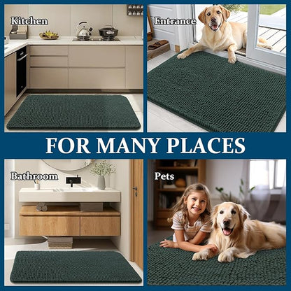 OLANLY Dog Door Mat for Muddy Paws 59x32, Absorbs Moisture and Dirt, Absorbent Non-Slip Washable Doormat, Quick Dry Chenille Mud Mat, Entry Indoor Entryway Carpet for Inside Floor, Blackish Green