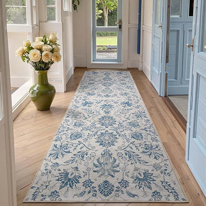 jinchan Torino Runner Rugs 3x10, Vintage-Inspired Floral Design Machine Washable Non-Slip Ultra-Thin Low-Pile Rubber Backing Traditional Rug for Kitchen Hallway Laundry Room Entryway Dark Blue