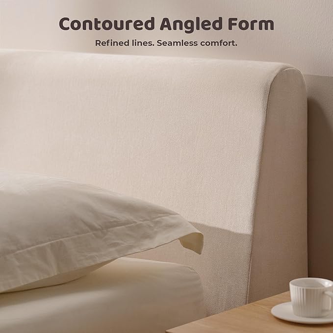 RECCI Cloud King Size Bed Frame with Ergonomic Angled Foam Cushioned Headboard, Minimalist Design Platform Bed Frame, No Box Spring Needed, Easy Assembly (Beige)