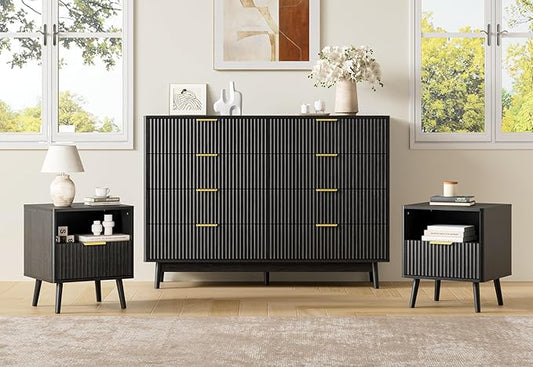 LYNSOM Fluted Dresser and Nightstand Sets 3 Piece, 8-Drawers Dresser and 1-Drawer Nightstands Set of 2, Wood Bedroom Furniture Set for Home, Bedroom, Hallway, Black
