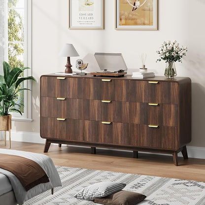 QUW Fluted 59.1" Wide Modern Dresser for Bedroom with 9 Drawers, Tall Chest of Drawers with Metal Handle, Wooden Dresser TV Stand, Hallway, Living Room, Dark Walnut
