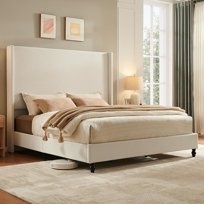 Queen Bed Frame with 63" Tall Headboard, Horizontal Fine Corduroy Bed Frame with Wingback, Upholstered Platform Bed, Vintage Solid Wood Gourd Legs, No Box Spring Needed, Cream