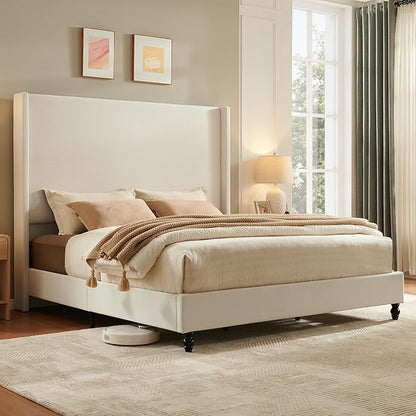 Queen Bed Frame with 63" Tall Headboard, Horizontal Fine Corduroy Bed Frame with Wingback, Upholstered Platform Bed, Vintage Solid Wood Gourd Legs, No Box Spring Needed, Cream