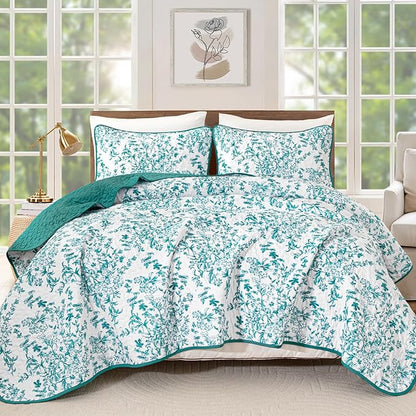 WONGS BEDDING Quilt Queen Size, Teal Quilt Bedding Set with 2 Pillowcases, Botanical Quilt for Queen Bed, Soft Microfiber Lightweight Coverlet Bedspread for All Season (96"×90", 3 Pieces)