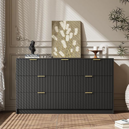 Black 7 Drawer Dresser for Bedroom, 55.9" Wide Modern Fluted Dresser with Gold Metal Handles, Wide Chest of Drawers for Bedroom, Living Room, Entryway, Hallway