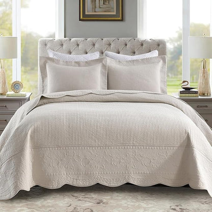 MarCielo 3-Piece 100% Cotton Oversized Bedspread Lightweight Quilt Coverlet Embroidery Farmhouse Bedding Set (TG Yellowish Beige, Oversized Queen (100"x106"))