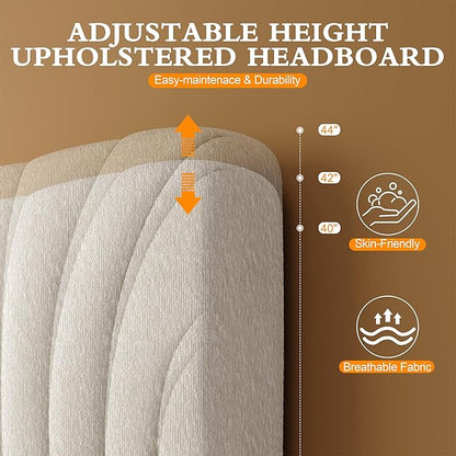 Queen Size Boucle Bed Frame Upholstered Bed Frame Queen with Adjustable Headboard, Solid Wood Slats Support, Bed for Bedroom Apartment, Dorm, No Box Spring Needed, Easy Assembly, Noise-Free, Cream