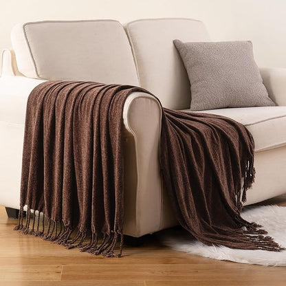 BATTILO HOME Brown Throw Blanket for Couch, Bed, Sofa - Soft Cozy Chenille Throw with Fringe Tassels, Lightweight Chocolate Brown Knitted Throw for Home Decor, 50"x60"