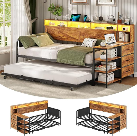 VIAGDO Daybed Twin with Pop Up Trundle, Farmhouse Wooden Day Bed Frame with 3 Storage Drawers and Shelves, Twin to King Daybed with Charging Station and LED Lights for Bedroom, Rustic Brown