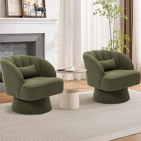 GarveeHome Modern Swivel Barrel Accent Chair, 360° Teddy Fabric Upholstered Armchair with Striped Backrest & Plush Padding, Comfy Round Lounge Chair for Living Room, Bedroom, Reading Nook, Green 2 PCS