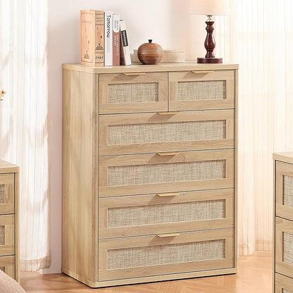 LEYAOYAO Rattan Dresser for Bedroom, 41" Tall Chest of Drawers, Modern 6 Drawers Boho Dressers with Storage, Light Oak Dresser Wooden Closet Organizer for Living Room, Hallway, Natural Wood