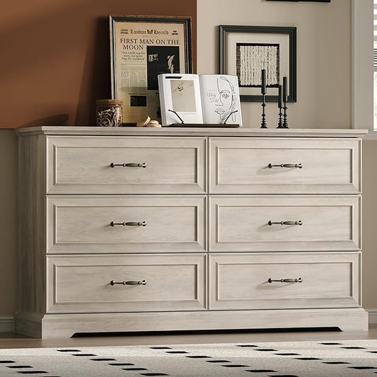 Farmhouse 6 Drawers Dresser for Bedroom, 54" Wide Modern Chest of Drawers with Deep Drawers & Bar Handles, Rustic Wood Dresser TV Stand, Wooden Closet Storage Organizer for Living Room, Hallway, Grey