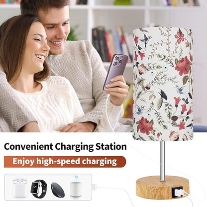 Bedside Touch Lamp, Wood Small Table lamp with 2 USB Charging Ports & Flower Fabric Shade, 3-Way Dimmable Nightstand Lamps for Living Room Bedroom Office Reading Desk Home Dorm(LED Bulb Included)