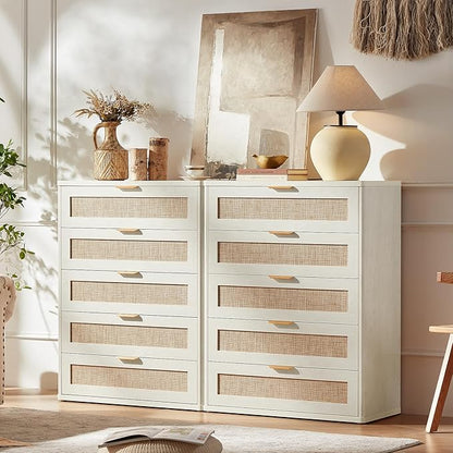 LEYAOYAO Rattan Dresser and Nightstand Set of 3, Boho Wood Dresser for Bedroom with 6 Drawers and Night Stand with Charging Station, Bedroom Furniture, Dressers & Chests of Drawers,Hallway,Living Room