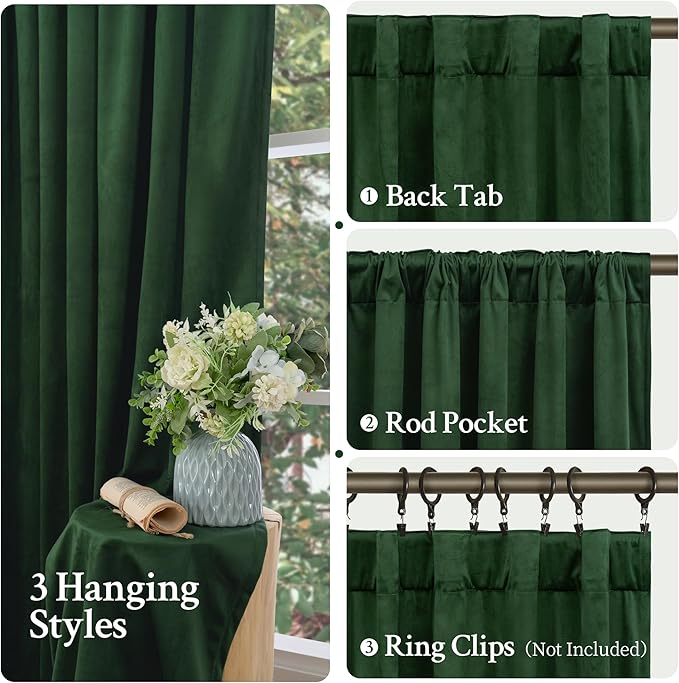 LAMIT Velvet Curtains 102 Inch for Living Room, Emerald Green Thermal Insulated Room Darkening Panels Soundproof Back Tab and Rod Pocket Christmas Drapes for Bedroom, Set of 2 Panels, 52 x 102 Inch