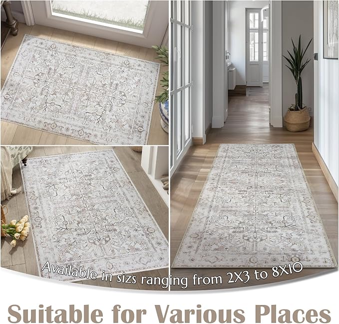 jinchan Lima Hallway Runner Rug 2x8 Washable - Vintage Floral Non Slip Low-Pile Soft Ultra-Thin Faux Wool Kitchen Rug Distressed Carpet Runner for Farmhouse Bedroom Laundry (2x8ft, Taupe)