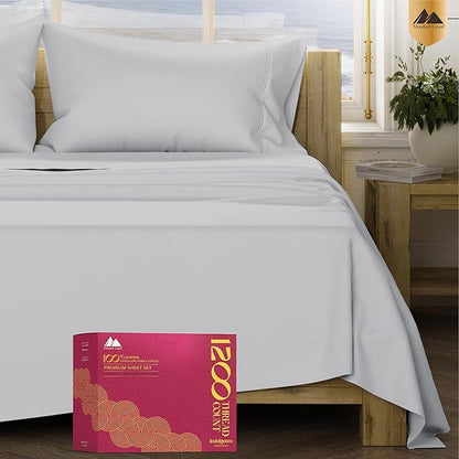 Mayfair Linen 100% Egyptian Cotton Sheets King Size - Luxury 1200 High Thread Count Egyptian Cotton King Size Sheets Set (4 PC, Light Grey), Soft, Cooling, 17" Deep Pocket Sateen Weave Hotel Bedding