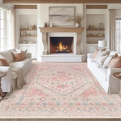 zesthome 10x14 Area Rugs - Large Pink Rugs for Bedroom Girls, Stain Resistant Washable Rugs, Vintage Low Pile Rug, Nursery Room Rug, Pink Room Decor (Pink/Blue,10'x14')