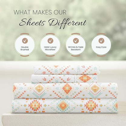 Linen Market Patterned Microfiber Queen Sheet Set 4 Piece – Oeko-TEX Certified Ultra Soft & Wrinkle-Free - 16" Deep Pocket Sheets - Easy Care Queen Size - Aztec Dreams Coral