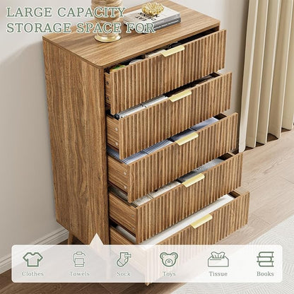 LYNSOM Fluted Dresser and Nightstand Sets 3 Piece, 5-Drawers Dresser and 1-Drawer Nightstands Set of 2, Wood Bedroom Furniture Set for Home, Bedroom, Hallway, Walnut