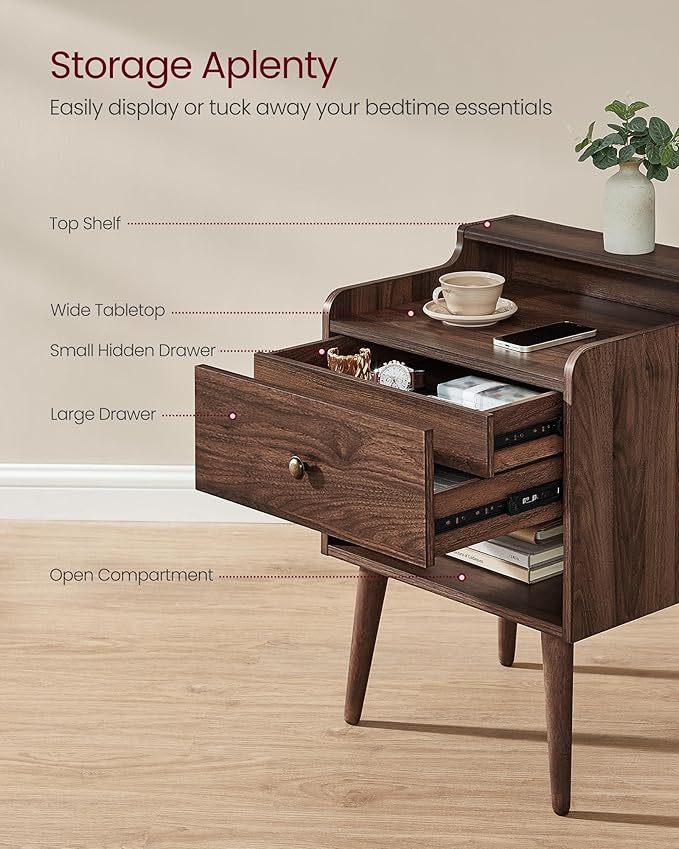 VASAGLE Nightstands, Set of 2, Bedside Tables with Hidden Drawers, Mid-Century End Side Tables with Solid Wood Legs, for Bedroom, Natural Walnut ULET624K01