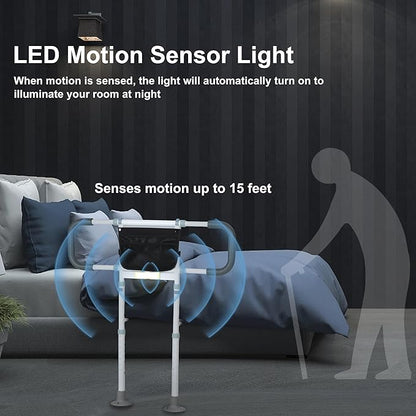 Bed Rails for Elderly Adults Safety - Elderly Assistance Products, Bedrails for Rlderly Adults Grab Bar Bed Handrails, Bed Rail with Pocket, Motion Sensor Light Fits King, Queen, Full, Twin (White)