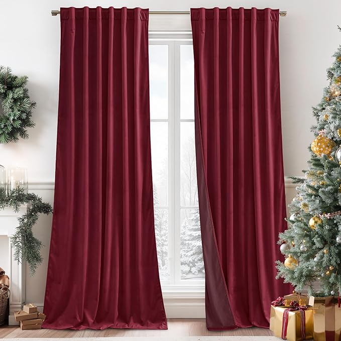 RYB HOME Burgundy Red Velvet Curtains for Christmas Decor, Soft Luxury Backdrops for Studio Theater, Rod Pocket & Back Tab Design for Bedroom Living Room, 52" W x L84 L, 2 Panels Set