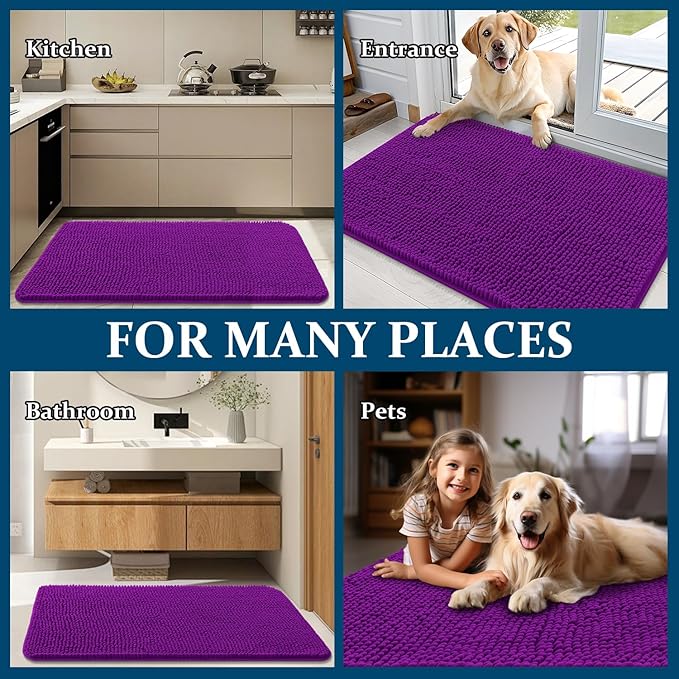 OLANLY Dog Door Mat for Muddy Paws 47x32, Absorbs Moisture and Dirt, Absorbent Non-Slip Washable Doormat, Quick Dry Chenille Mud Mat for Dogs, Entry Indoor Entryway Carpet for Inside Floor, Purple