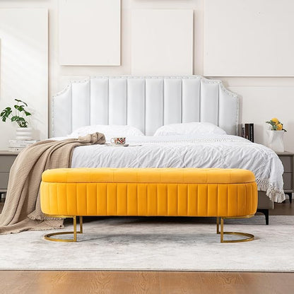 Velvet Storage Bench for Bedroom, Modern Tufted End of Bed Bench for King Size Bed, Upholstered Long Ottoman Bench with Gold Legs for Living Room/Entryway (Mustard Yellow, 55" W)