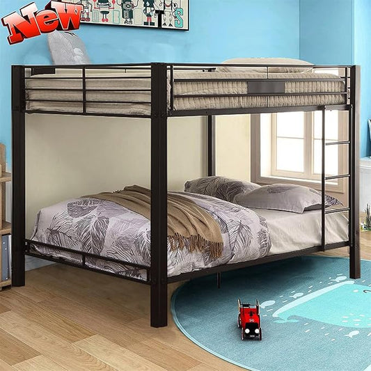 Upgraded Version Thicken Metal Heavy-Duty Queen Over Queen Bunk Bed, Best Industrial Style Stronger Queen Size Bunk Bed Frame with Ladder for Adults, Easy Assembly (Queen Over Queen-A)