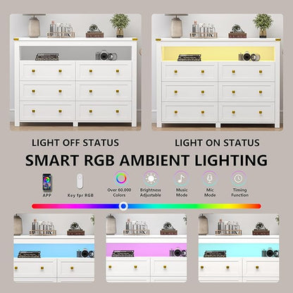 Dresser for Bedroom with 6 Drawers, Wide Chest of Drawers with LED Light and Power Outlet, Wooden Closet Organizer Clothes Storage Cabinet, Modern Double Dressers for Living Room, Hallway, White