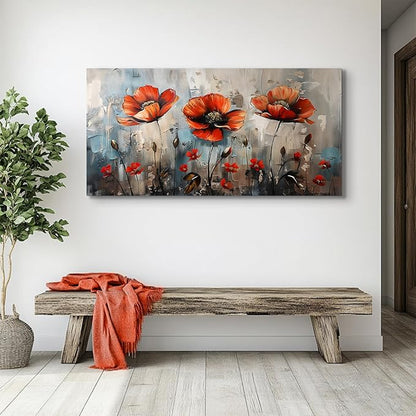 SERIMINO Large Wall Art for Living Room, Nature Floral Botanical Wall Art, Red Flowers Canvas Prints Paintings, Wildflower Modern Home Decor Bathroom Dining Room Kitchen 29"X57"