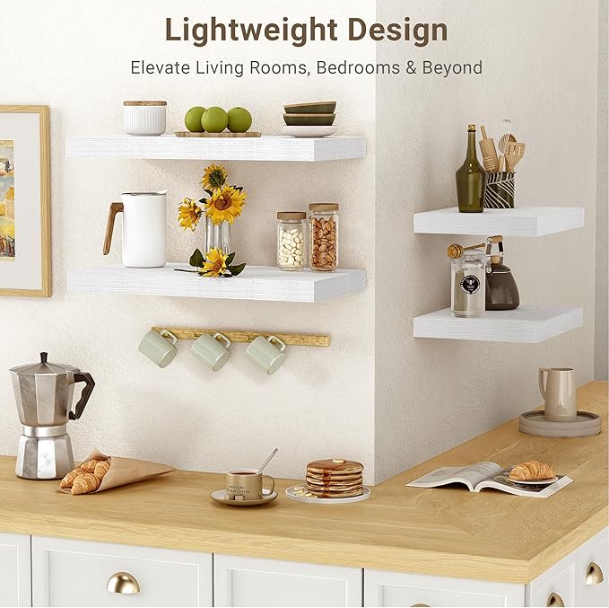 Vivelove 10 in Deep Floating Shelves for Wall, 16" x 10.2" x 1.5" Shelves for Room Wall Mounted, 1.5 Inch Thick Shelf for Bathroom Bedroom Kitchen Book Room, Modern Farmhouse Decor, Set of 2, White