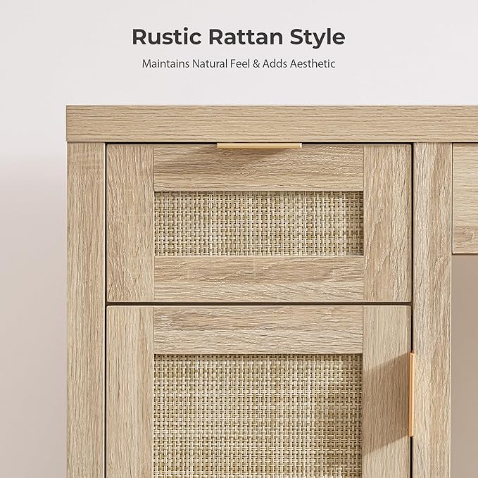 SICOTAS 2 Pieces Rattan Vanity Home Office Desk - Big Boho Makeup Vanities Benches with Drawers & Storage Cabinets, Dressing Vanity Table for Makeup Room, Bedroom, Home Office, Light Oak